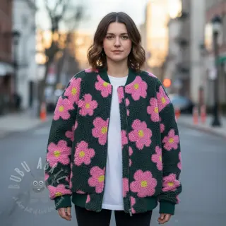 Tkanina za kapute TEDDY JACQUARD Flowers army green/pink