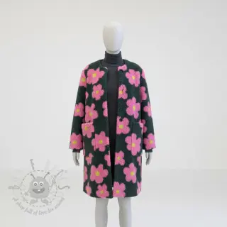Tkanina za kapute TEDDY JACQUARD Flowers army green/pink