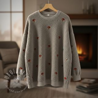 Tkanina za kapute EMBROIDERY Little mushrooms pebble