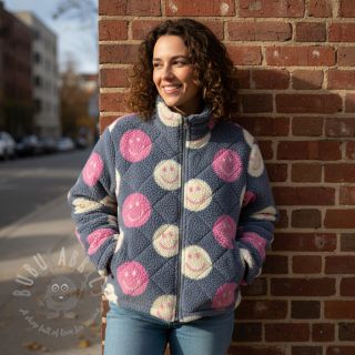 Tkanina za kapute TEDDY JACQUARD Happy faces jeans