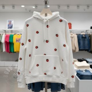 Tkanina za kapute TEDDY EMBROIDERY Strawberries off white