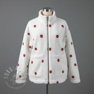 Tkanina za kapute TEDDY EMBROIDERY Strawberries white