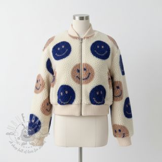 Tkanina za kapute TEDDY JACQUARD Happy faces ecru