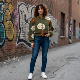 Tkanina za kapute TEDDY JACQUARD Happy faces green