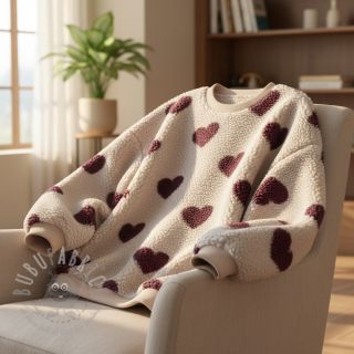 Tkanina za kapute TEDDY JACQUARD Hearts rouge