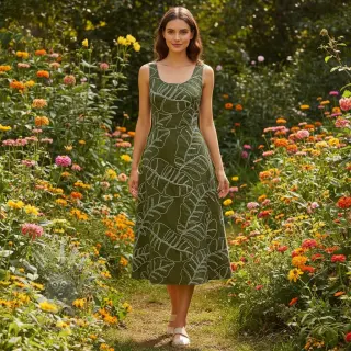 Viskoza s lanom EMBROIDERY Leaves forest green