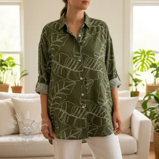 Viskoza s lanom EMBROIDERY Leaves forest green