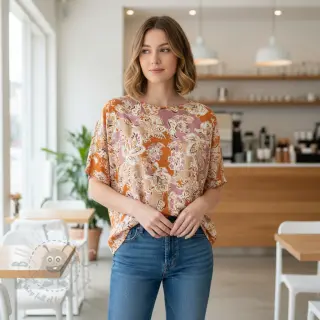 Viskoza SATIN Flowie Noe orange digital print