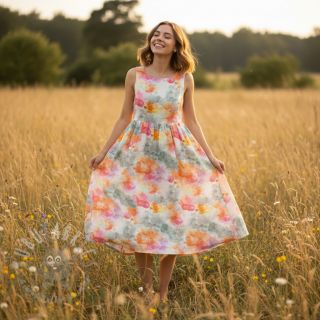 Lan s pamukom Abstract flowers RAMIE orange digital print