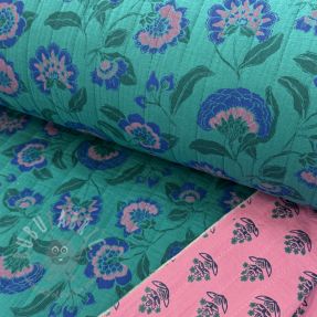 Tetra Tkanina/Muslin STEPPED Flowers petrol