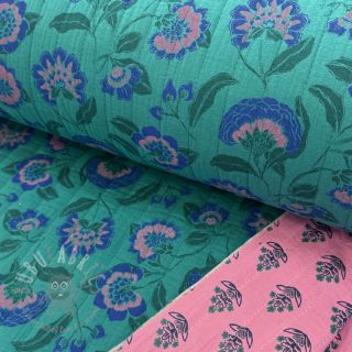 Tetra Tkanina/Muslin STEPPED Flowers petrol