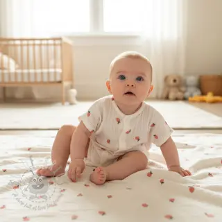 Tetra Tkanina/Muslin EMBROIDERY Fruit peach SIMPLY NATURAL