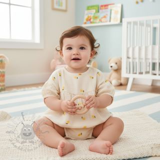 Tetra Tkanina/Muslin EMBROIDERY Fruit natural yellow