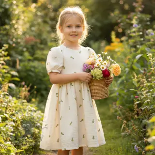 Tetra Tkanina/Muslin EMBROIDERY Fruit green SIMPLY NATURAL