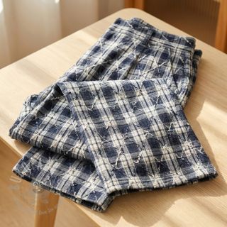 Pamuk YARN DYED BRUSHED Check EMBROIDERY navy