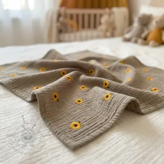 Tetra Tkanina/Muslin EMBROIDERY Sunflowers beige