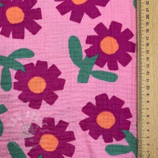 Tetra Tkanina/Muslin Flowers pink by JENNIFER BOURON ORGANIC