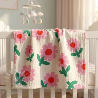 Tetra Tkanina/Muslin Flowers natural/pink by JENNIFER BOURON ORGANIC