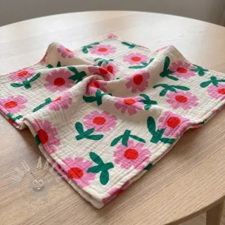 Tetra Tkanina/Muslin Flowers natural/pink by JENNIFER BOURON ORGANIC