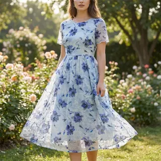 Pamučna tkanina s mješavinom EMBROIDERY Rose blue