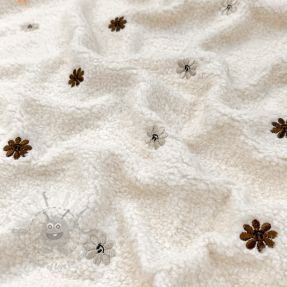 Tkanina za kapute TEDDY EMBROIDERY Smiley flowers choco