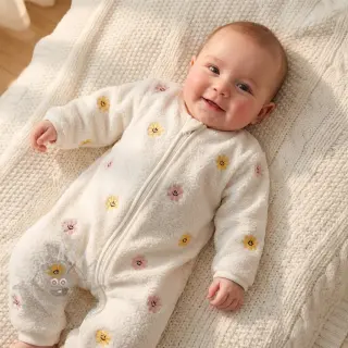 Tkanina za kapute TEDDY EMBROIDERY Smiley flowers yellow