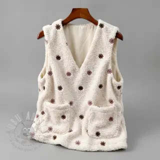Tkanina za kapute TEDDY EMBROIDERY Smiley flowers old pink