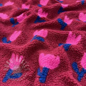 Tkanina za kapute TEDDY JACQUARD Tulips dark red