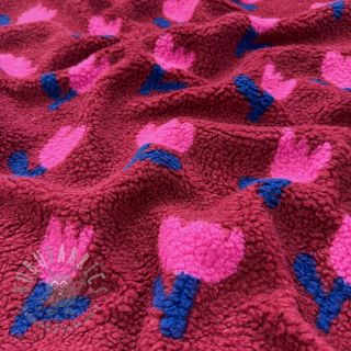 Tkanina za kapute TEDDY JACQUARD Tulips dark red