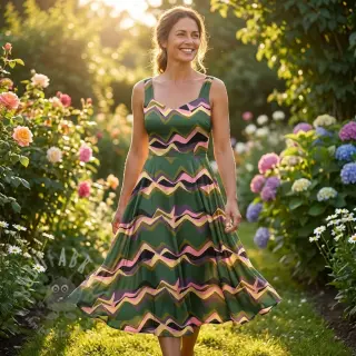 Pamuk SATIN Abstract waves dark green