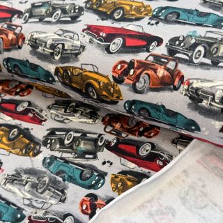 Triko materijal čupav Old cars grey digital print