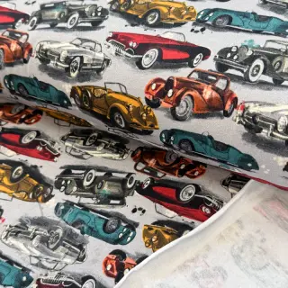 Triko materijal čupav Old cars grey digital print