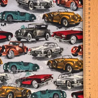 Triko materijal čupav Old cars grey digital print