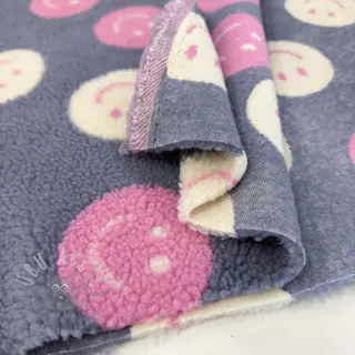 Tkanina za kapute TEDDY JACQUARD Happy faces jeans