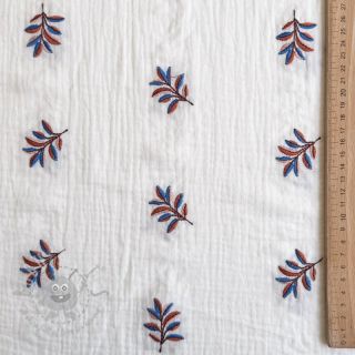 Tetra Tkanina/Muslin EMBROIDERY Leaves white
