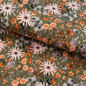 Triko materijal čupav Flowers forest green digital print