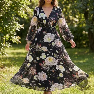 Tkanine za večernje i Ženske haljine MAGNOLIA STRETCH Flowers bouquet black