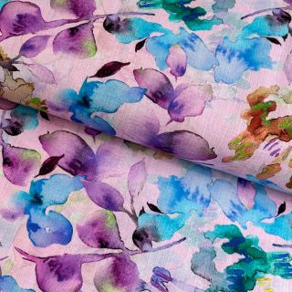 Lan s pamukom Aquarel leaves RAMIE purple digital print
