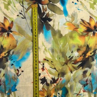 Lan s pamukom Faded flowers RAMIE green digital print