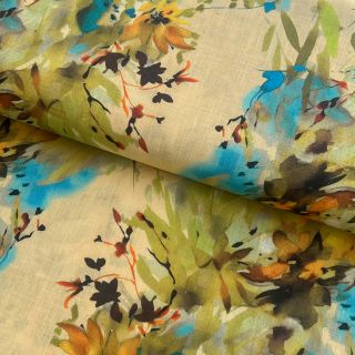 Lan s pamukom Faded flowers RAMIE green digital print