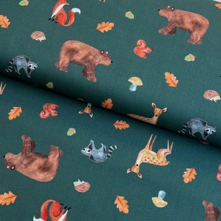 Pamučna tkanina Animals in the wood dark green digital print