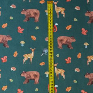 Pamučna tkanina Animals in the wood dark green digital print
