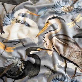 Dekorativna tkanina VELVET Heron bird steel grey