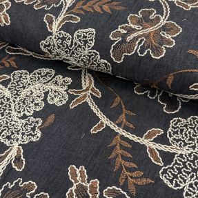 Pamučna tkanina JEANS Embroidery leaves black