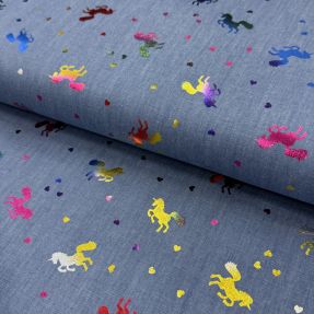 Pamučna tkanina JEANS FOIL Unicorn light blue