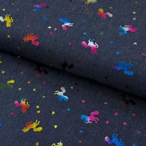 Pamučna tkanina JEANS FOIL Unicorn dark blue