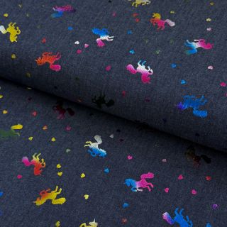 Pamučna tkanina JEANS FOIL Unicorn dark blue