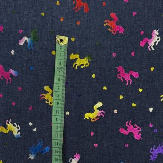 Pamučna tkanina JEANS FOIL Unicorn dark blue