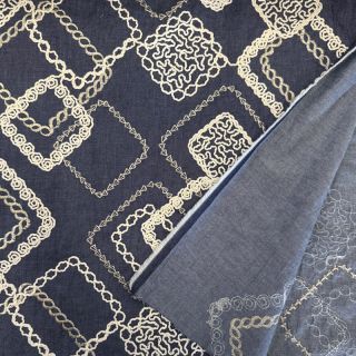 Bavlnená látka JEANS EMBROIDERY Square dark blue