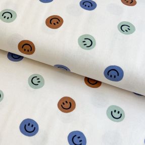 Pamučna tkanina FLANNEL Happy faces off white green